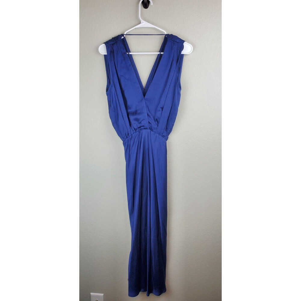 Banana Republic Women's Petite Small Blue Silky Midi Dress Deep V Rayon
